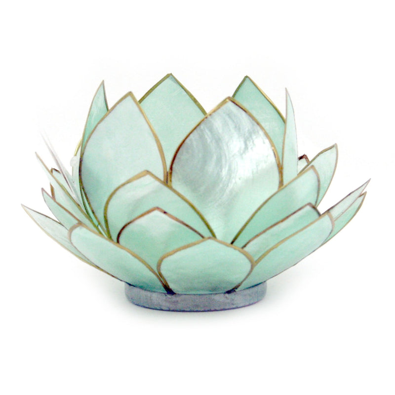 Teal - Image 1 - Teal Green Capiz Shell Opening Lotus Flower Bulb Tealight Candle Holder - Metal Accents - Exquisite Coastal