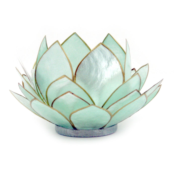 Teal - Image 1 - Teal Green Capiz Shell Opening Lotus Flower Bulb Tealight Candle Holder - Metal Accents - Exquisite Coastal