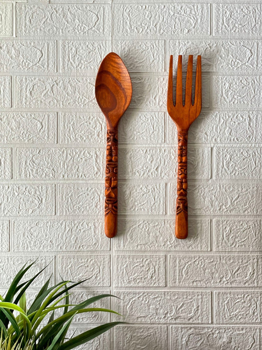 16 Inch - Image 5 - Carved Wood Tiki Design Spoon & Fork Wall Decor Art  - Wooden Utensil Decoration Set -16 Inches High -