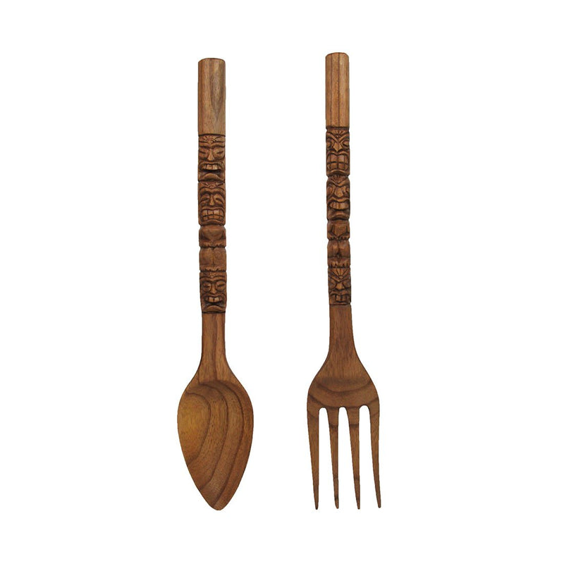 24 Inch - Image 2 - Set of 2 Carved Tiki Design Wooden Spoon & Fork Utensil Wall Sculptures in Brown Wood - Large 24-Inch