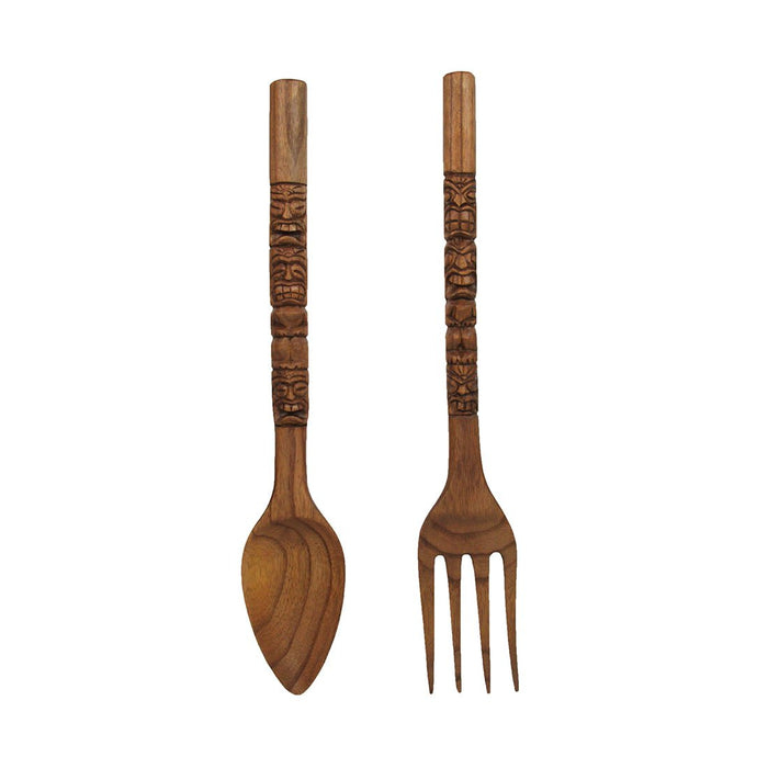 24 Inch - Image 2 - Set of 2 Carved Tiki Design Wooden Spoon & Fork Utensil Wall Sculptures in Brown Wood - Large 24-Inch