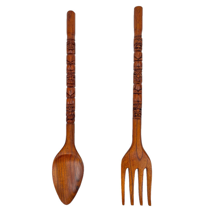 30 Inch - Image 1 - Hand-Carved Brown Wood Tiki Design Spoon & Fork Wall Sculpture Set Tropical Decor Utensil Decoration - 30