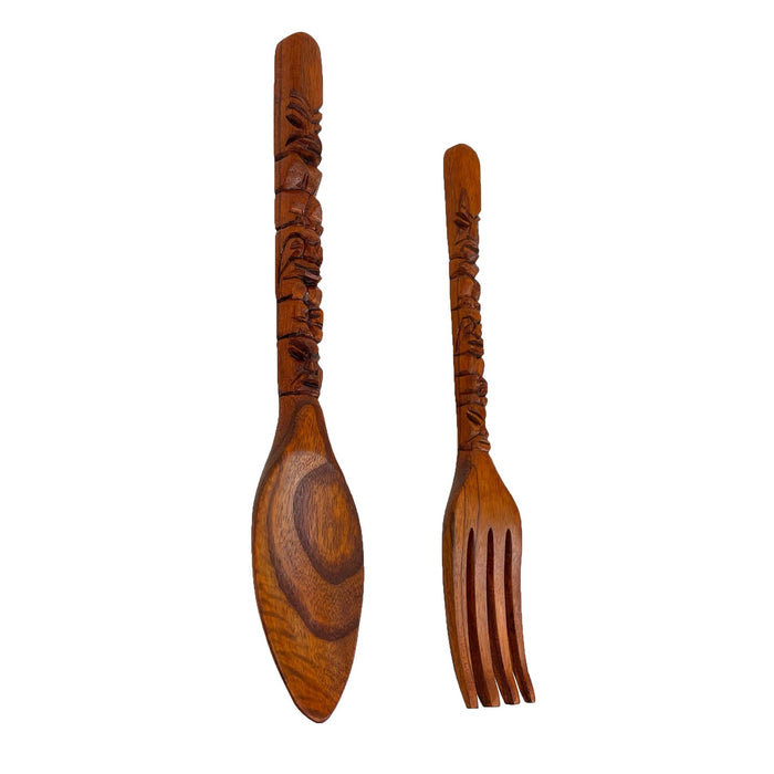 16 Inch - Image 2 - Carved Wood Tiki Design Spoon & Fork Wall Decor Art  - Wooden Utensil Decoration Set -16 Inches High -