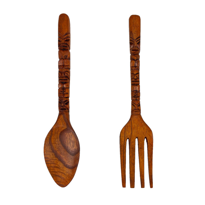 16 Inch - Image 1 - Carved Wood Tiki Design Spoon & Fork Wall Decor Art  - Wooden Utensil Decoration Set -16 Inches High -