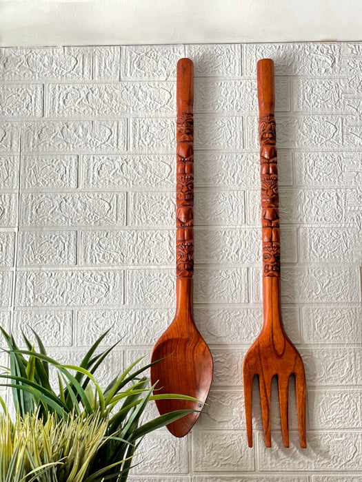 30 Inch - Image 4 - Hand-Carved Brown Wood Tiki Design Spoon & Fork Wall Sculpture Set Tropical Decor Utensil Decoration - 30