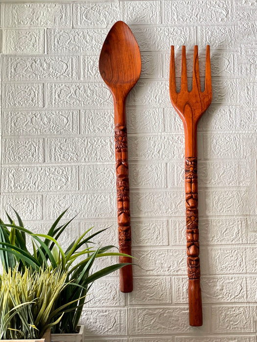 30 Inch - Image 6 - Hand-Carved Brown Wood Tiki Design Spoon & Fork Wall Sculpture Set Tropical Decor Utensil Decoration - 30