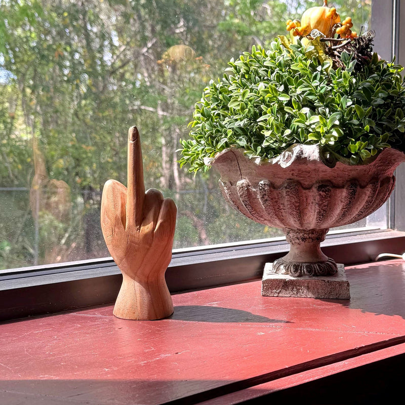 Hand-Carved Wood Statue for Tables or Bookshelves- Rude Hand Gesture Bird Flip Art Sculpture - Natural Finish - Unique Home