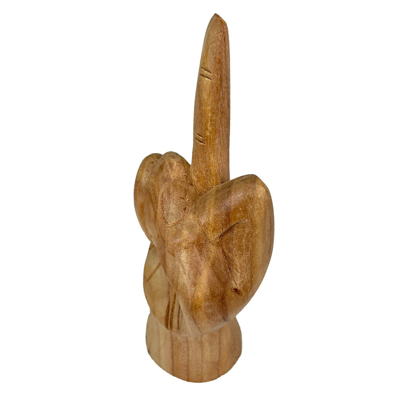 Hand-Carved Wood Statue for Tables or Bookshelves- Rude Hand Gesture Bird Flip Art Sculpture - Natural Finish - Unique Home