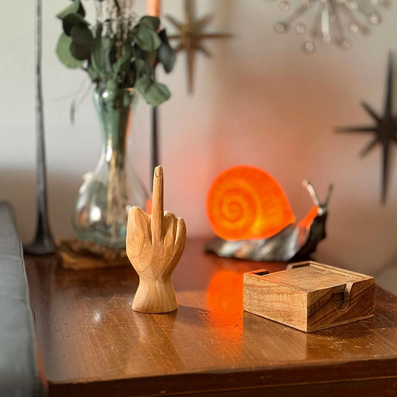 Hand-Carved Wood Statue for Tables or Bookshelves- Rude Hand Gesture Bird Flip Art Sculpture - Natural Finish - Unique Home