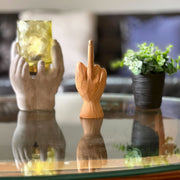 Hand-Carved Wood Statue for Tables or Bookshelves- Rude Hand Gesture Bird Flip Art Sculpture - Natural Finish - Unique Home