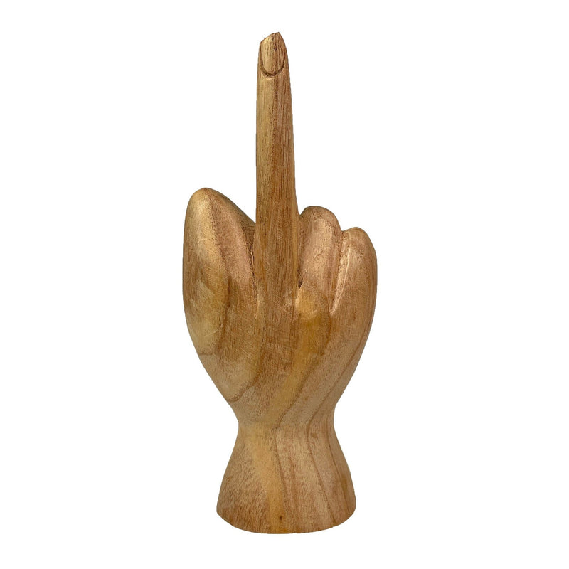 Hand-Carved Wood Statue for Tables or Bookshelves- Rude Hand Gesture Bird Flip Art Sculpture - Natural Finish - Unique Home