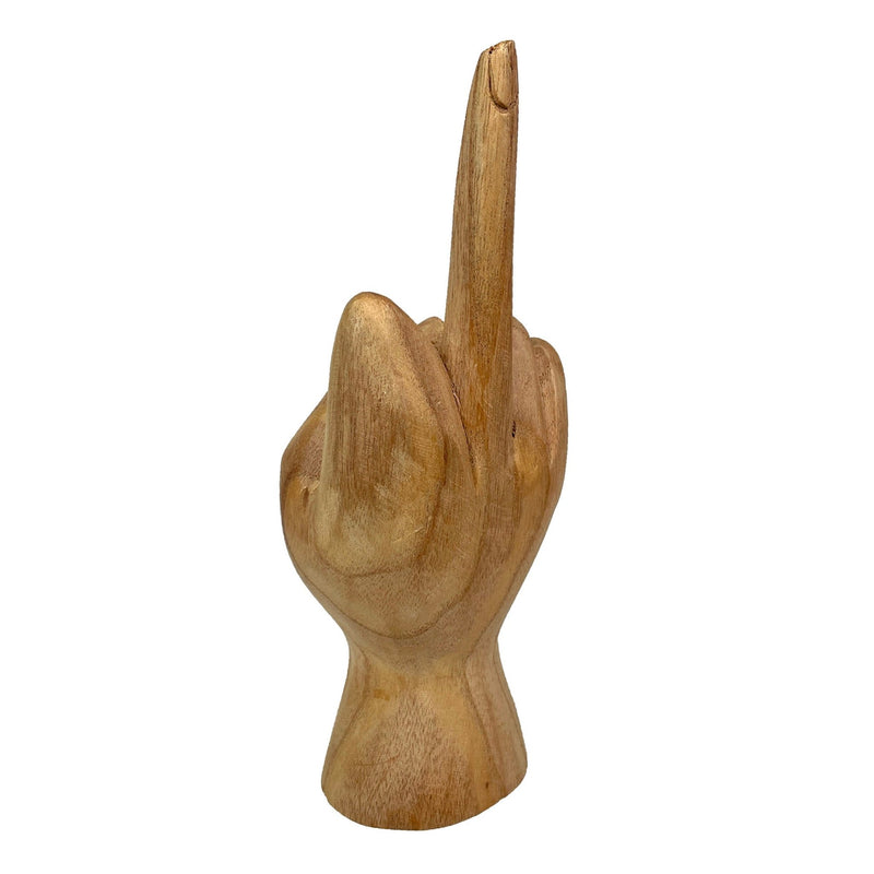 Hand-Carved Wood Statue for Tables or Bookshelves- Rude Hand Gesture Bird Flip Art Sculpture - Natural Finish - Unique Home