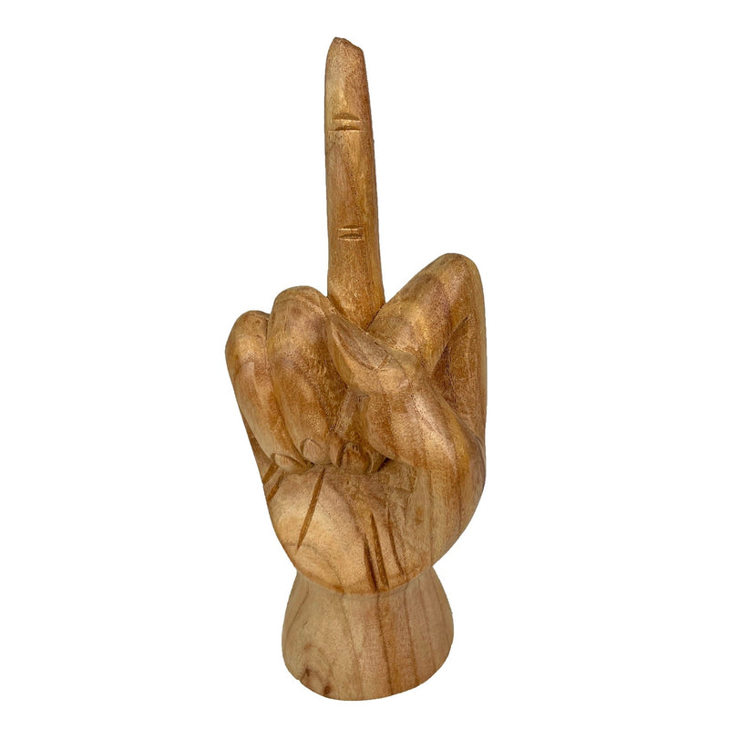 Hand-Carved Wood Statue for Tables or Bookshelves- Rude Hand Gesture Bird Flip Art Sculpture - Natural Finish - Unique Home