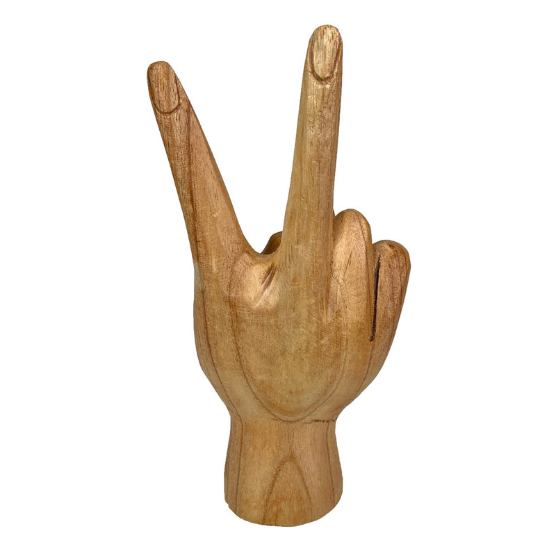 Hand-Carved Peace Sign Hand Gesture Statue - Natural Finish Boho Tabletop Decor Accent, Standing 7.75 Inches High - Great For