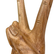 Hand-Carved Peace Sign Hand Gesture Statue - Natural Finish Boho Tabletop Decor Accent, Standing 7.75 Inches High - Great For