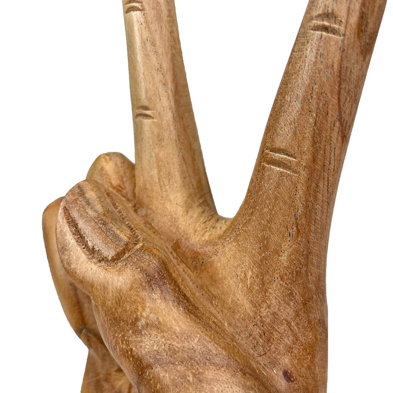 Hand-Carved Peace Sign Hand Gesture Statue - Natural Finish Boho Tabletop Decor Accent, Standing 7.75 Inches High - Great For