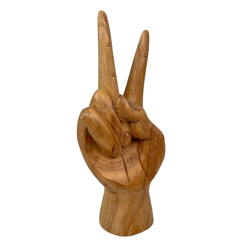 Hand-Carved Peace Sign Hand Gesture Statue - Natural Finish Boho Tabletop Decor Accent, Standing 7.75 Inches High - Great For