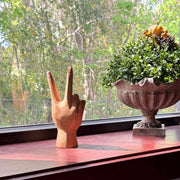 Hand-Carved Peace Sign Hand Gesture Statue - Natural Finish Boho Tabletop Decor Accent, Standing 7.75 Inches High - Great For