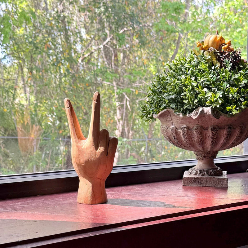 Hand-Carved Peace Sign Hand Gesture Statue - Natural Finish Boho Tabletop Decor Accent, Standing 7.75 Inches High - Great For