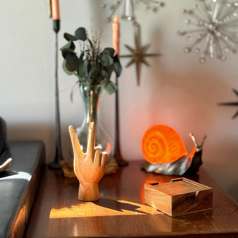 Hand-Carved Peace Sign Hand Gesture Statue - Natural Finish Boho Tabletop Decor Accent, Standing 7.75 Inches High - Great For