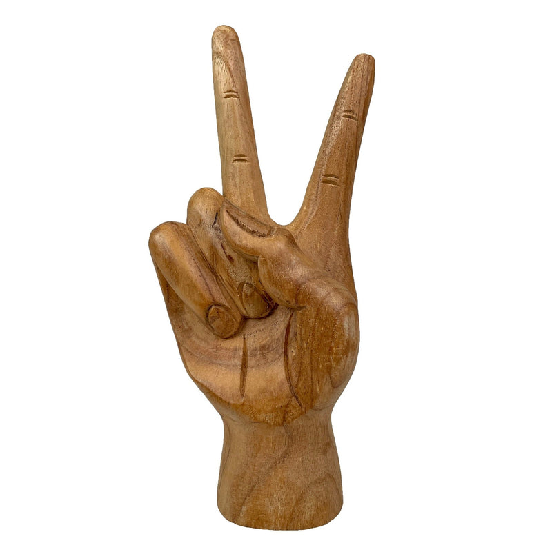 Hand-Carved Peace Sign Hand Gesture Statue - Natural Finish Boho Tabletop Decor Accent, Standing 7.75 Inches High - Great For