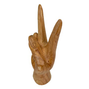 Hand-Carved Peace Sign Hand Gesture Statue - Natural Finish Boho Tabletop Decor Accent, Standing 7.75 Inches High - Great For