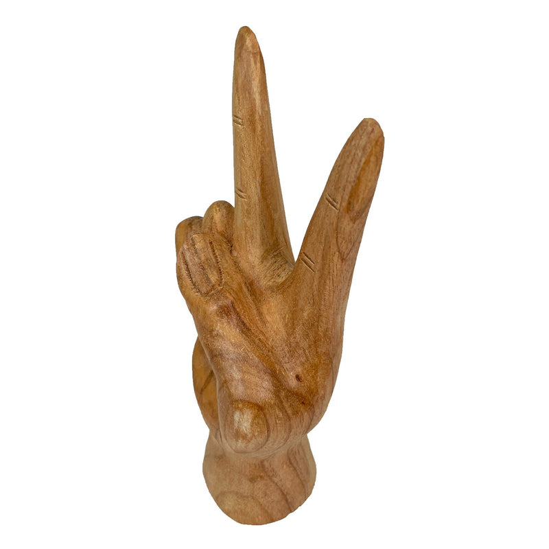 Hand-Carved Peace Sign Hand Gesture Statue - Natural Finish Boho Tabletop Decor Accent, Standing 7.75 Inches High - Great For