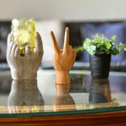 Hand-Carved Peace Sign Hand Gesture Statue - Natural Finish Boho Tabletop Decor Accent, Standing 7.75 Inches High - Great For