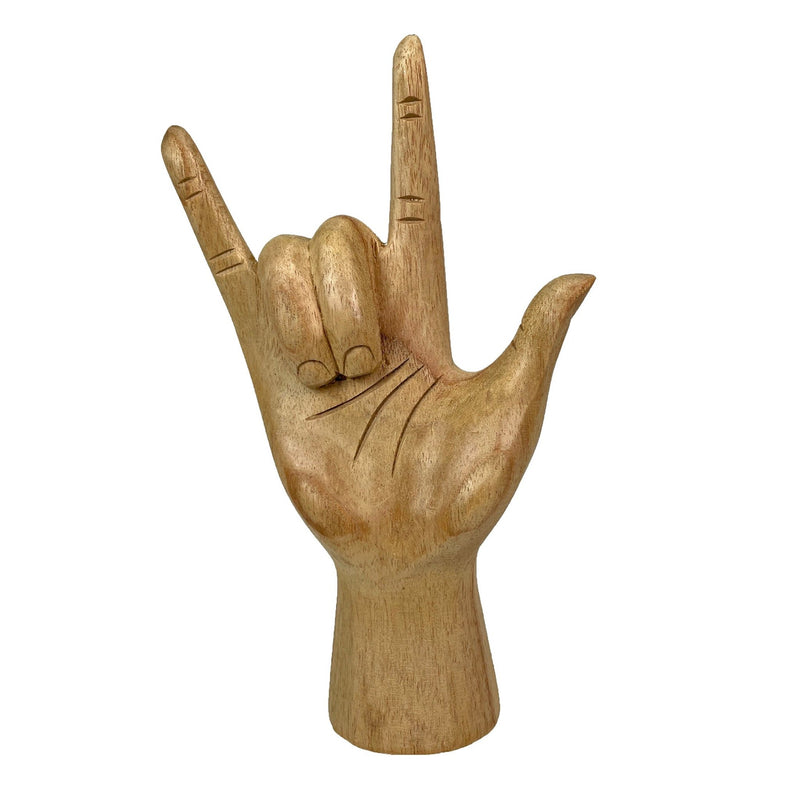 Hand-Carved Wood ASL Sign Language 'I Love You' Gesture Statue - 7.75 Inches High - Graceful Elegance - Natural Finish
