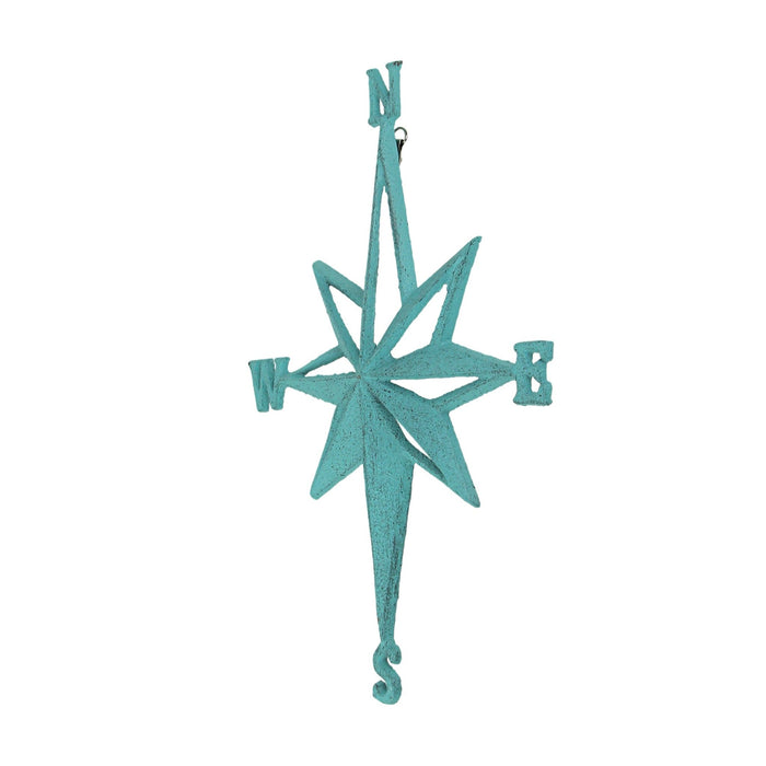 Turquoise - Image 2 - Turquoise Blue Cast Iron Compass Rose Wall Hanging Sculpture - Coastal Home Decor Art Piece - 13.5