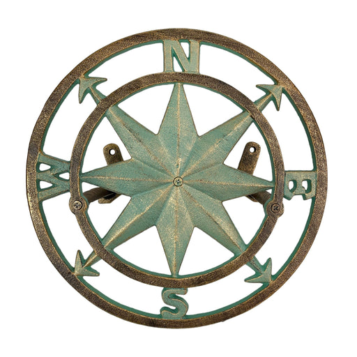 Verdigris Green Finish Cast Iron Nautical Compass Rose Wall Mounted Decorative Hanging Garden Hose Hanger - Hose Holder