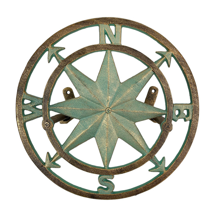 Verdigris Green Finish Cast Iron Nautical Compass Rose Wall Mounted Decorative Hanging Garden Hose Hanger - Hose Holder