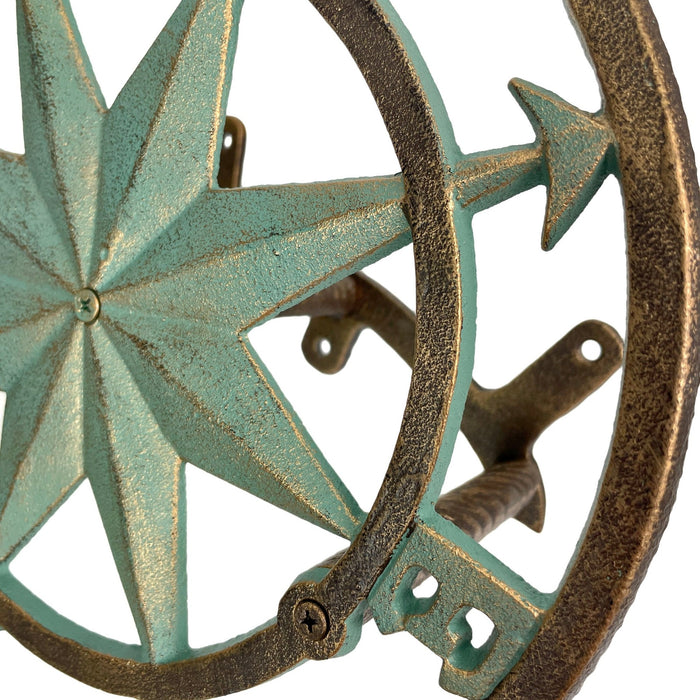 Verdigris Green Finish Cast Iron Nautical Compass Rose Wall Mounted Decorative Hanging Garden Hose Hanger - Hose Holder