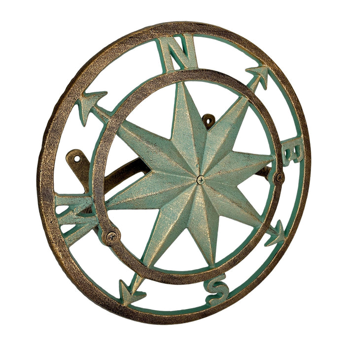 Verdigris Green Finish Cast Iron Nautical Compass Rose Wall Mounted Decorative Hanging Garden Hose Hanger - Hose Holder