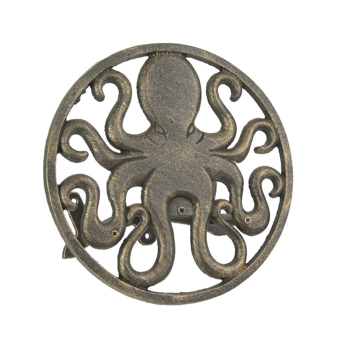Bronze - Image 1 - Cast Iron 12 inch Octopus Decorative Wall Mounted Hanging Garden Hose Hanger Bronze Finish - 125 ft Hose