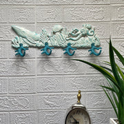 Cast Iron Sealife Plaque with 4 Coral Hooks - Nautical Wall Decor for Coastal Homes - Perfect for Keys, Coats, Bags - 15.5" x