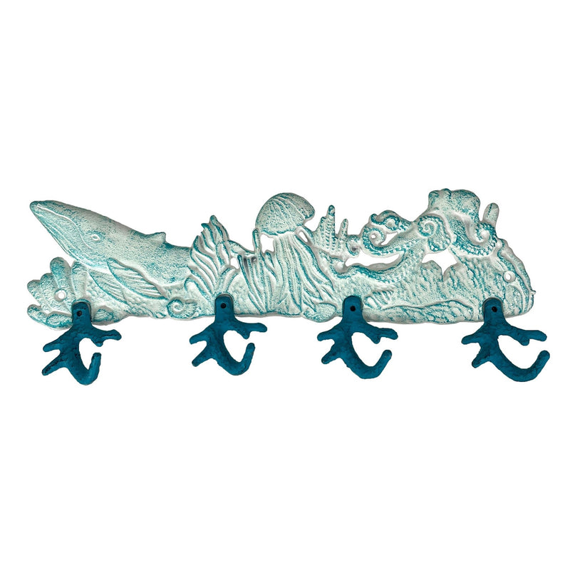 Cast Iron Sealife Plaque with 4 Coral Hooks - Nautical Wall Decor for Coastal Homes - Perfect for Keys, Coats, Bags - 15.5" x