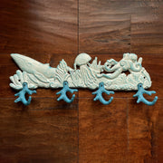 Cast Iron Sealife Plaque with 4 Coral Hooks - Nautical Wall Decor for Coastal Homes - Perfect for Keys, Coats, Bags - 15.5" x