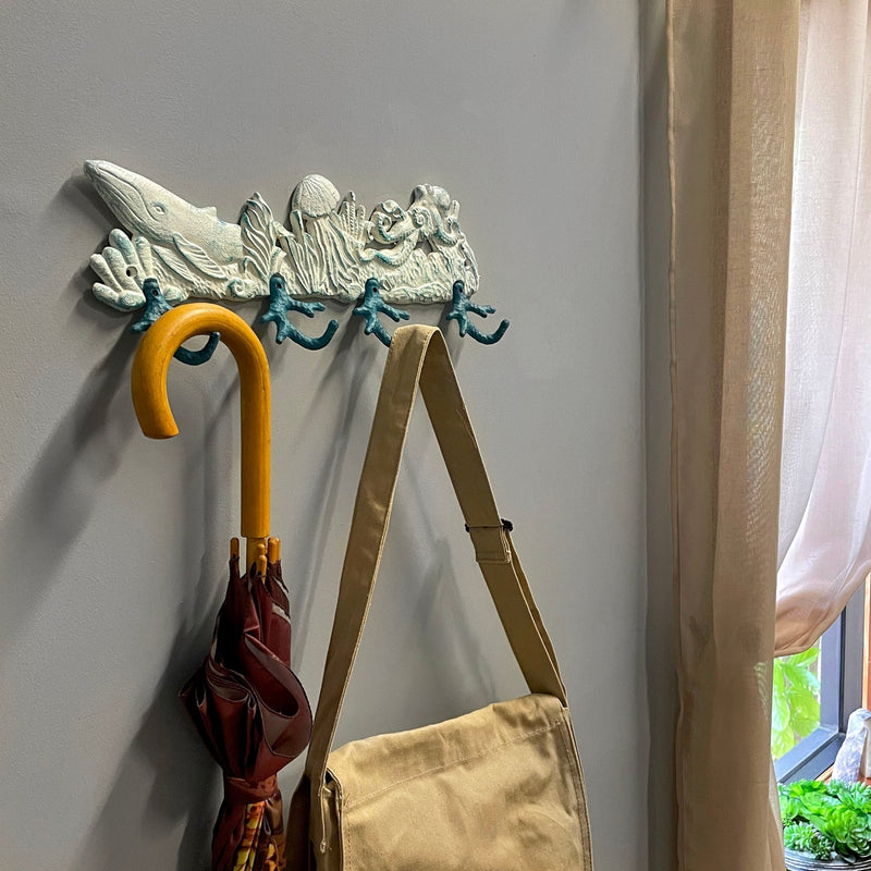 Cast Iron Sealife Plaque with 4 Coral Hooks - Nautical Wall Decor for Coastal Homes - Perfect for Keys, Coats, Bags - 15.5" x
