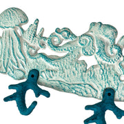 Cast Iron Sealife Plaque with 4 Coral Hooks - Nautical Wall Decor for Coastal Homes - Perfect for Keys, Coats, Bags - 15.5" x