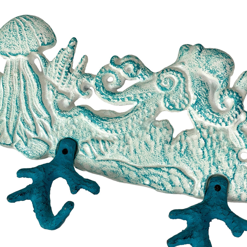 Cast Iron Sealife Plaque with 4 Coral Hooks - Nautical Wall Decor for Coastal Homes - Perfect for Keys, Coats, Bags - 15.5" x
