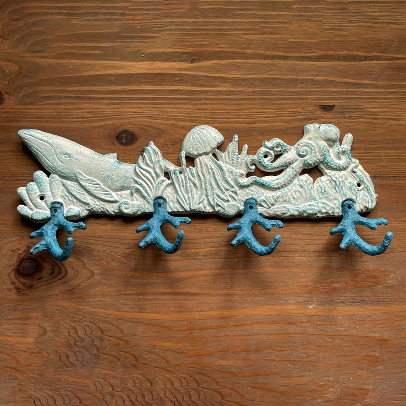 Cast Iron Sealife Plaque with 4 Coral Hooks - Nautical Wall Decor for Coastal Homes - Perfect for Keys, Coats, Bags - 15.5" x