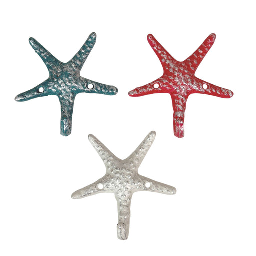 Coral - Image 1 - Set of 3 Cast Iron Blue and Coral Orange Starfish Decorative Wall Hooks: Towel, Hat, Key Hangers for Beach