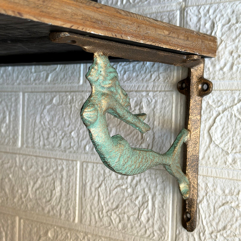 Bronze - Image 4 - Set of 2 Verdigris Cast Iron Swimming Mermaid Metal Decorative Bronze Shelf Brackets - Coastal Decor