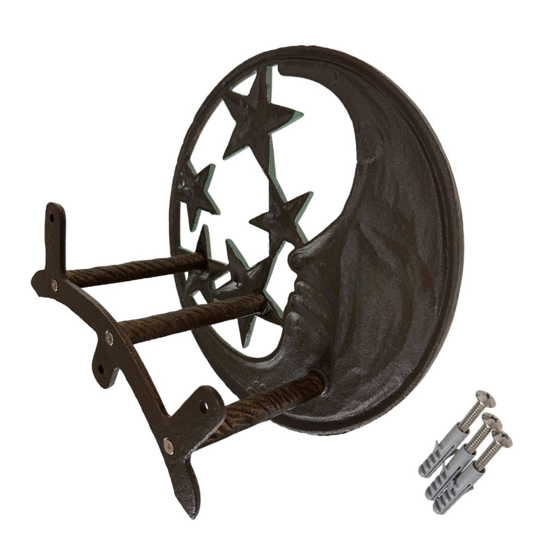 Zeckos Hose Hanger Cast Iron Celestial Moon Face and Stars Wall Mounted Garden Hose Holder, 11.5 X 11.5 Inches, Antiqued