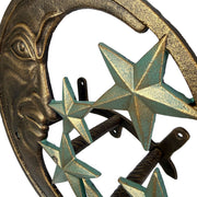 Zeckos Hose Hanger Cast Iron Celestial Moon Face and Stars Wall Mounted Garden Hose Holder, 11.5 X 11.5 Inches, Antiqued
