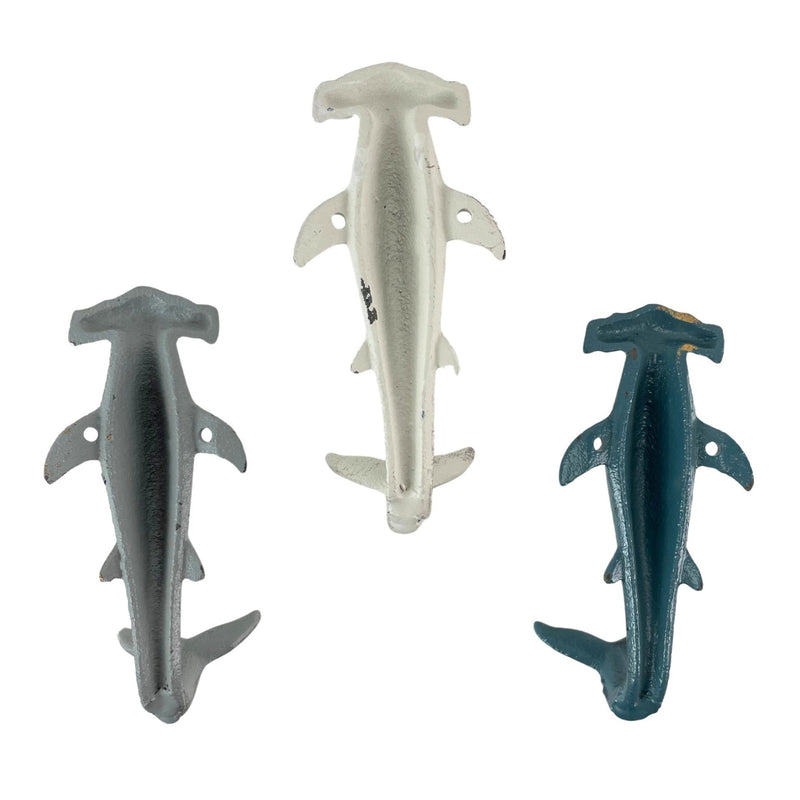 Charming Hammerhead Shark Wall Hooks Set – Decorative Cast Iron Hooks in Blue, Gray, and White, Nautical Decor for Beachy