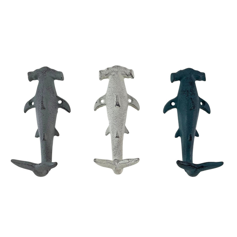 Charming Hammerhead Shark Wall Hooks Set – Decorative Cast Iron Hooks in Blue, Gray, and White, Nautical Decor for Beachy
