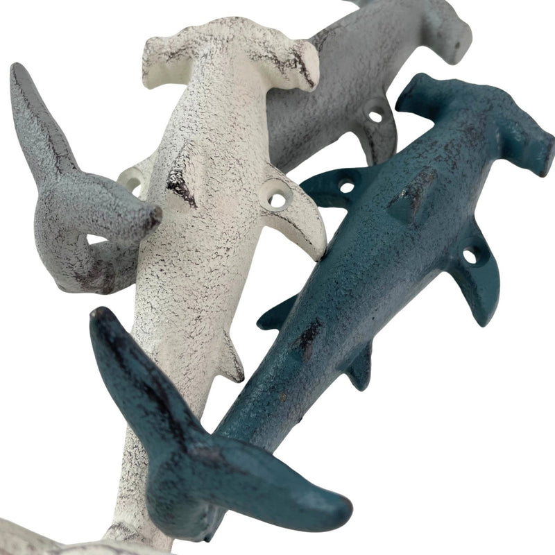 Charming Hammerhead Shark Wall Hooks Set – Decorative Cast Iron Hooks in Blue, Gray, and White, Nautical Decor for Beachy