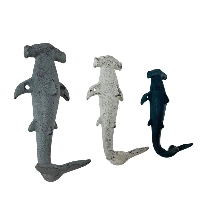 Charming Hammerhead Shark Wall Hooks Set – Decorative Cast Iron Hooks in Blue, Gray, and White, Nautical Decor for Beachy